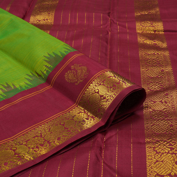 Hayagrivas Handloom Fluorescent Green Kanjivaram Silk Saree with Maroon Border KBE1265I3-1
