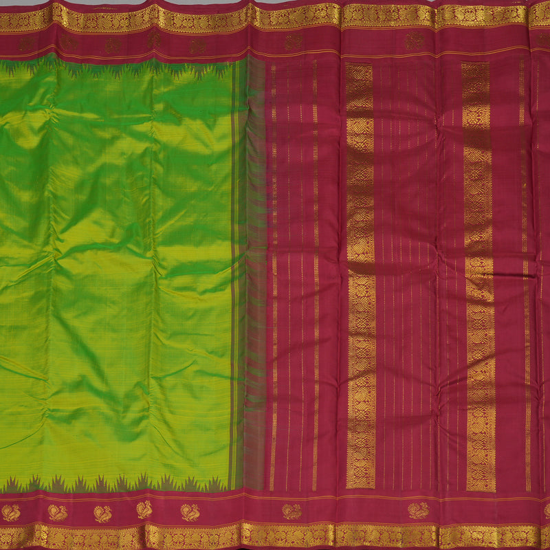 Hayagrivas Handloom Fluorescent Green Kanjivaram Silk Saree with Maroon Border KBE1265I3-1