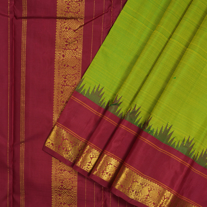Hayagrivas Handloom Fluorescent Green Kanjivaram Silk Saree with Maroon Border KBE1265I3-1