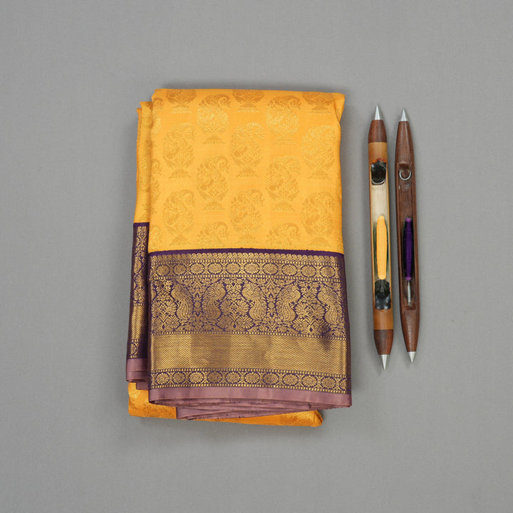 Hayagrivas Handloom Yellow Kanjivaram Silk Saree with Violet Border KBE1270I1-1
