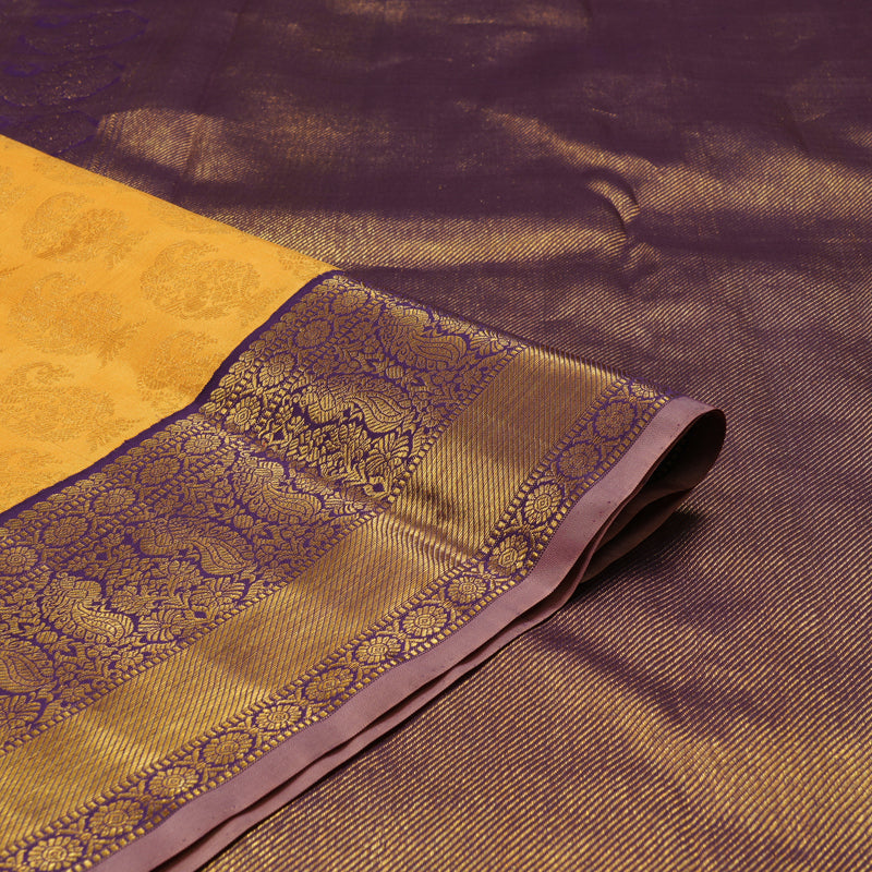 Hayagrivas Handloom Yellow Kanjivaram Silk Saree with Violet Border KBE1270I1-1