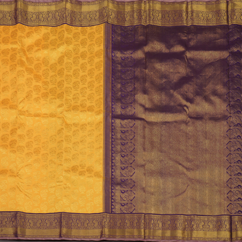 Hayagrivas Handloom Yellow Kanjivaram Silk Saree with Violet Border KBE1270I1-1