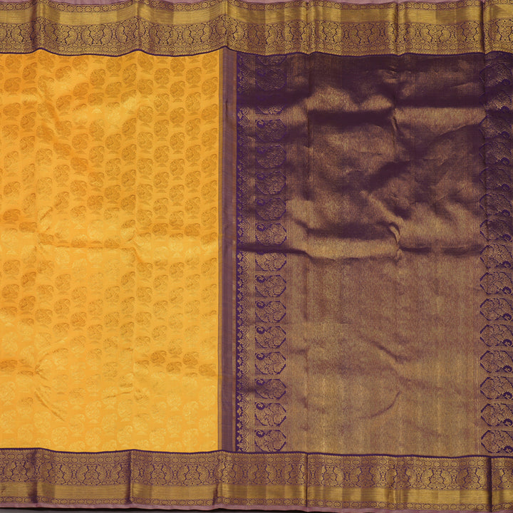 Hayagrivas Handloom Yellow Kanjivaram Silk Saree with Violet Border KBE1270I1-1