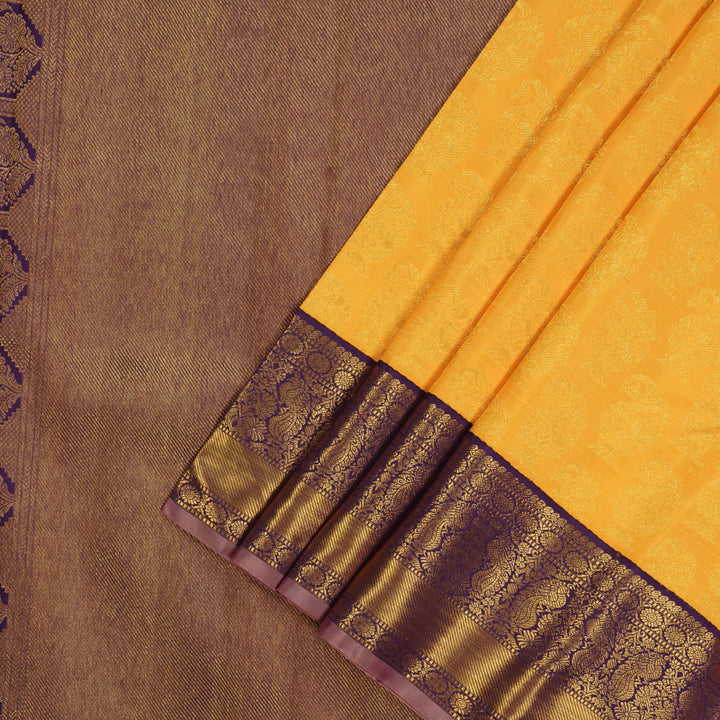 Hayagrivas Handloom Yellow Kanjivaram Silk Saree with Violet Border KBE1270I1-1