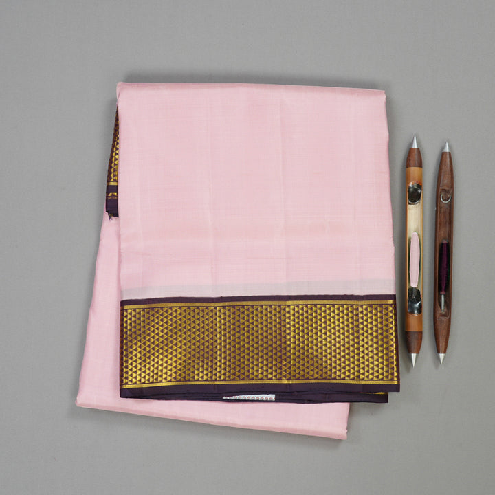 Hayagrivas Baby Pink Handloom Kanjivaram Ten Yards Silk Saree with Plum Purple Border KBE127D1-1
