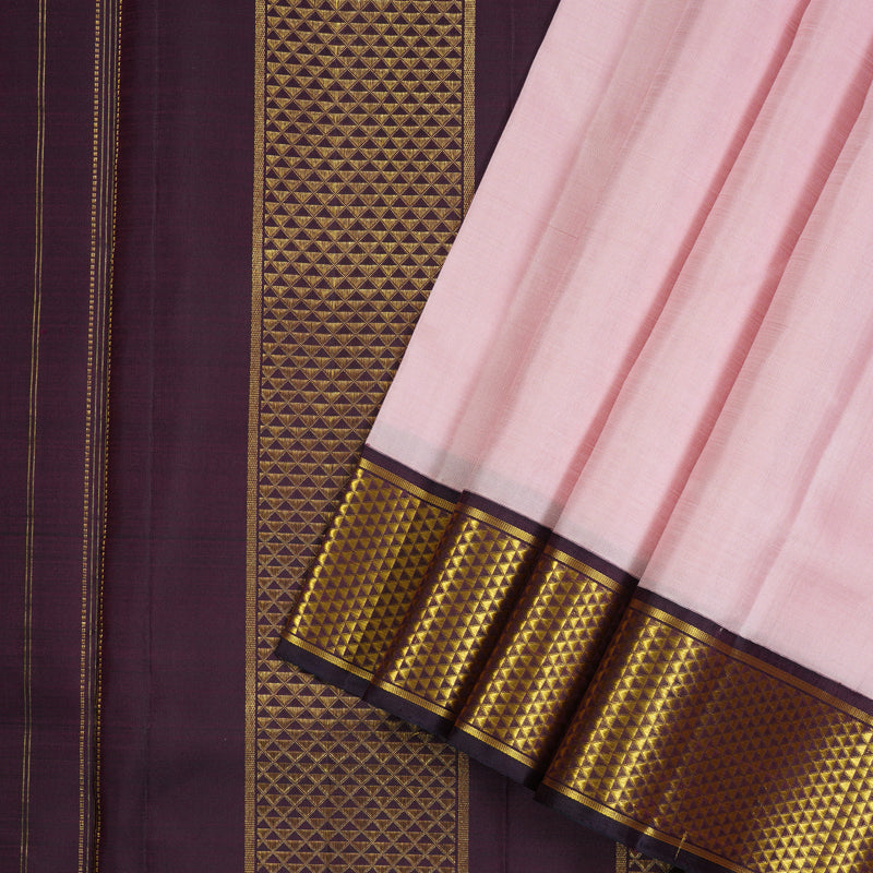 Hayagrivas Baby Pink Handloom Kanjivaram Ten Yards Silk Saree with Plum Purple Border KBE127D1-1