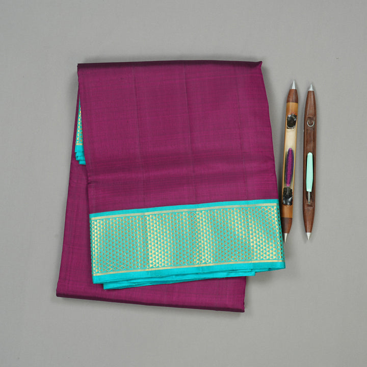 Hayagrivas Purple Handloom Kanjivaram Ten Yards Silk Saree with Sea Blue Border KBE127D1-2
