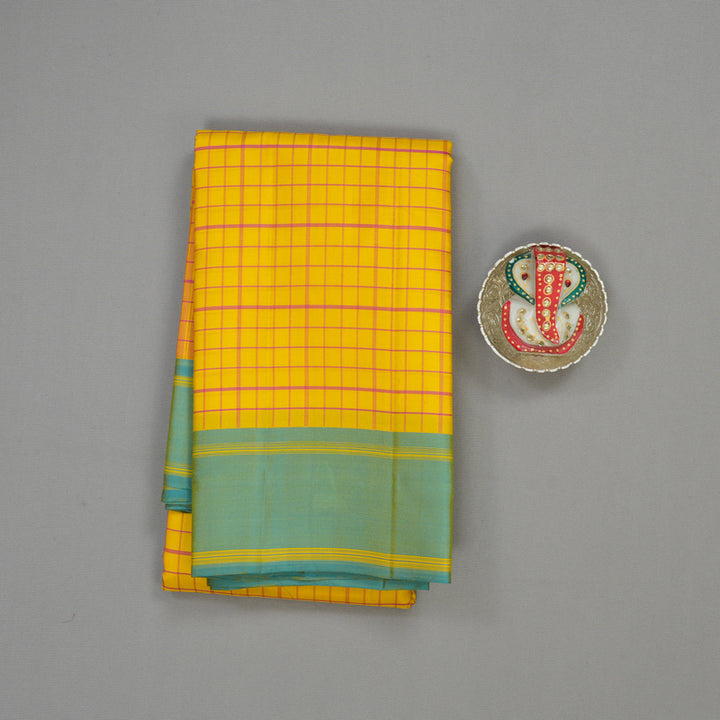 Hayagrivas Handloom Lemon Yellow Kanjivaram Silk Saree with Yellowish-Blue Border KBE1281I12-1