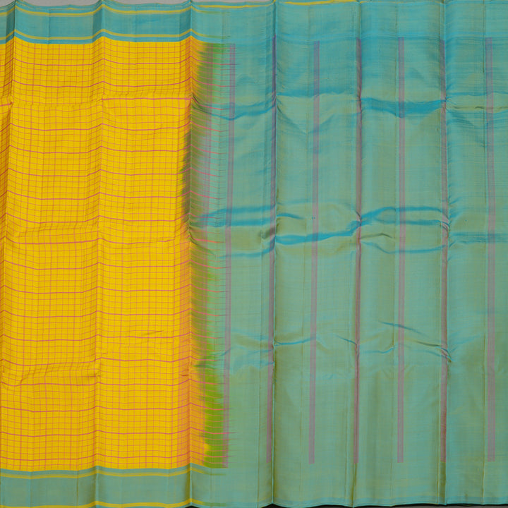 Hayagrivas Handloom Lemon Yellow Kanjivaram Silk Saree with Yellowish-Blue Border KBE1281I12-1