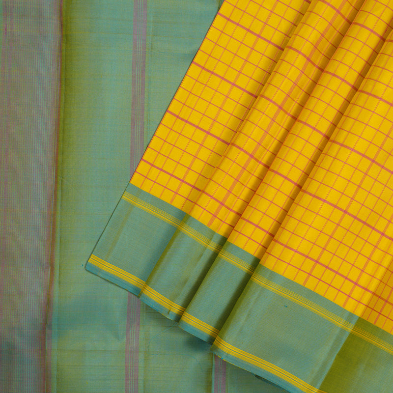 Hayagrivas Handloom Lemon Yellow Kanjivaram Silk Saree with Yellowish-Blue Border KBE1281I12-1