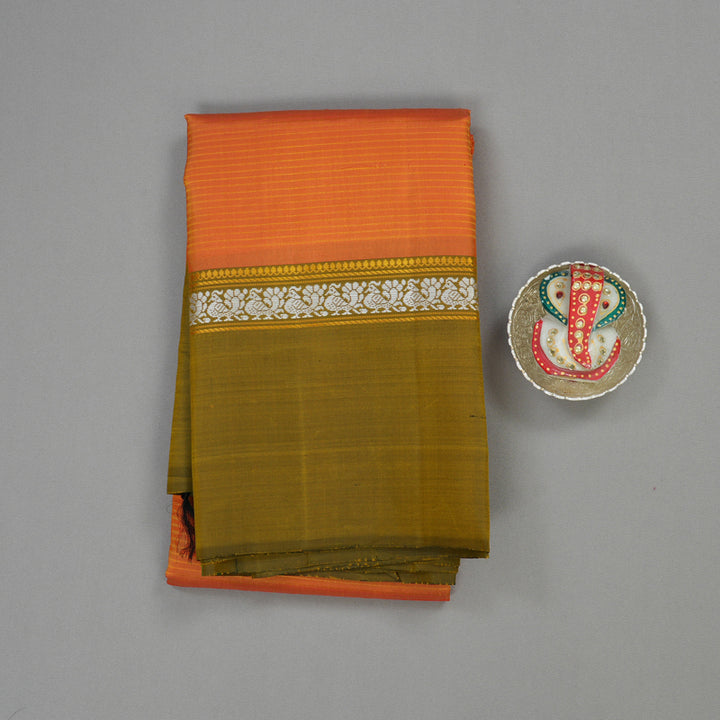 Hayagrivas Handloom Orange Kanjivaram Silk Saree with Olive Green contrast KBE1281I2-9