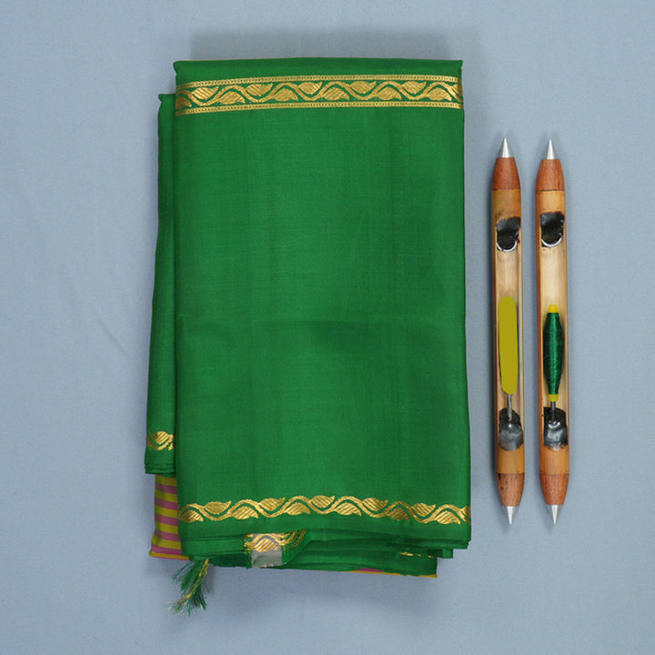 Hayagrivas Handloom Lime Green &amp; Pink Stripes Kanjivaram Silk Saree with Green Border KBE1281I6-1