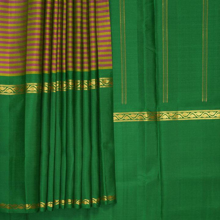 Hayagrivas Handloom Lime Green &amp; Pink Stripes Kanjivaram Silk Saree with Green Border KBE1281I6-1