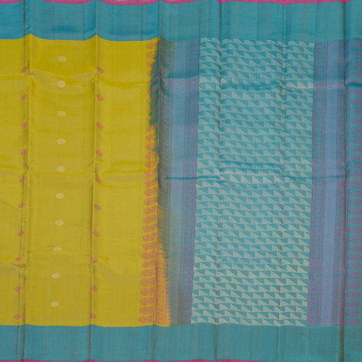 Hayagrivas Handloom Yellowish Green Kanjivaram Silk Saree with Rama Blue Border KBE1287J2-3