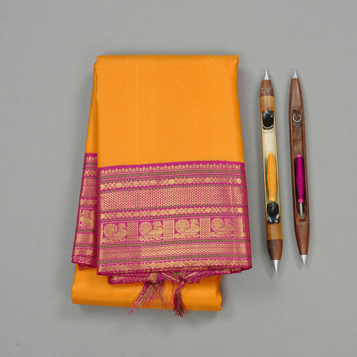 Hayagrivas Mango Yellow Handloom Kanjivaram Silk Saree with Pink Border KBE12D2-1