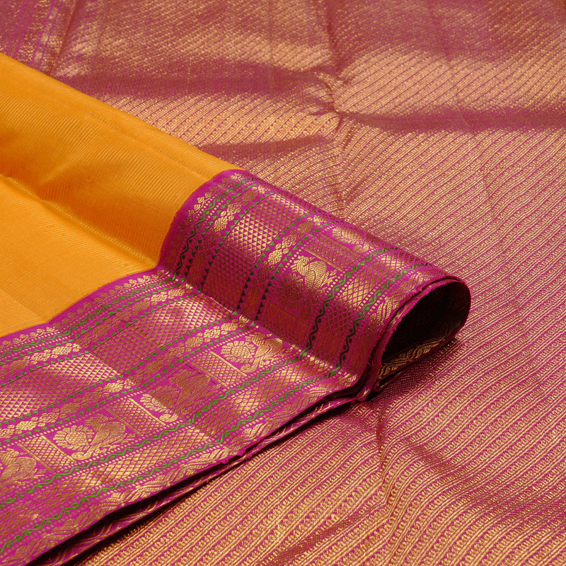 Hayagrivas Mango Yellow Handloom Kanjivaram Silk Saree with Pink Border KBE12D2-1
