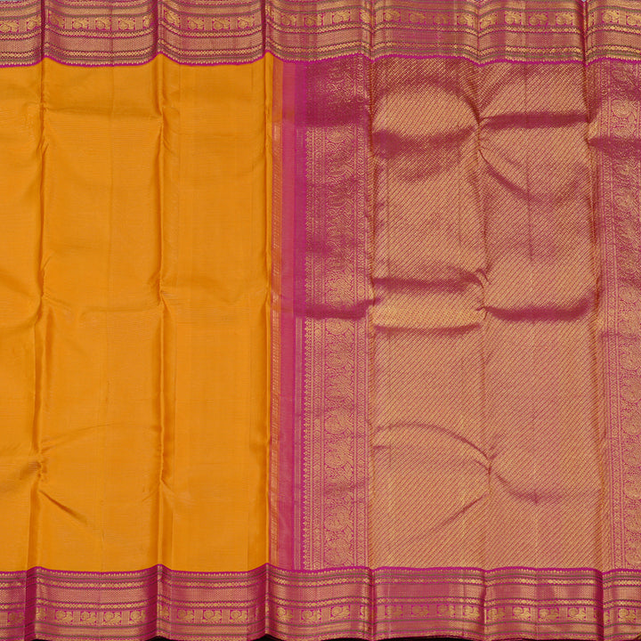 Hayagrivas Mango Yellow Handloom Kanjivaram Silk Saree with Pink Border KBE12D2-1