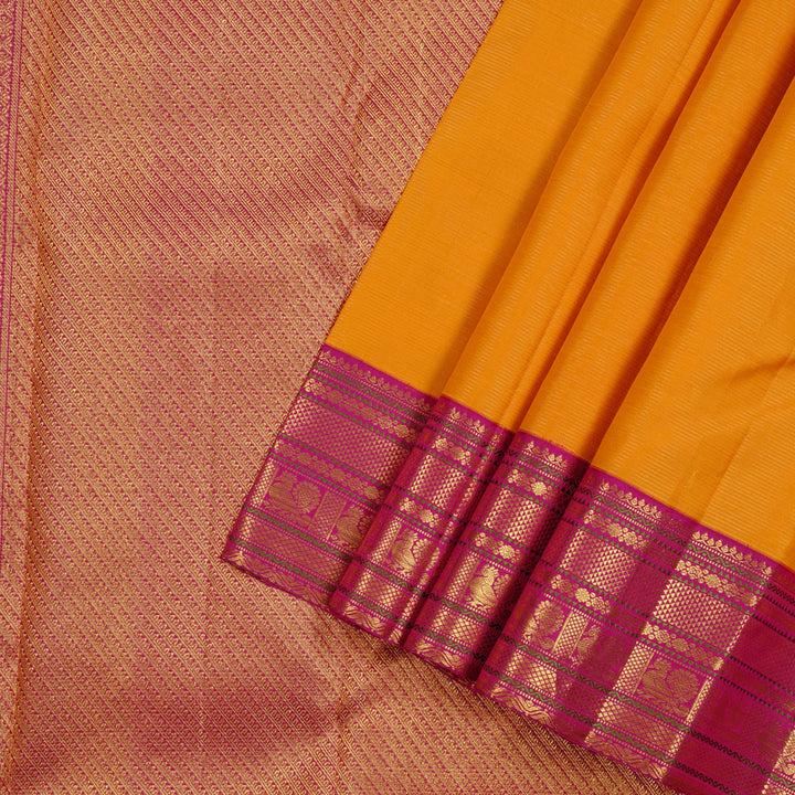 Hayagrivas Mango Yellow Handloom Kanjivaram Silk Saree with Pink Border KBE12D2-1