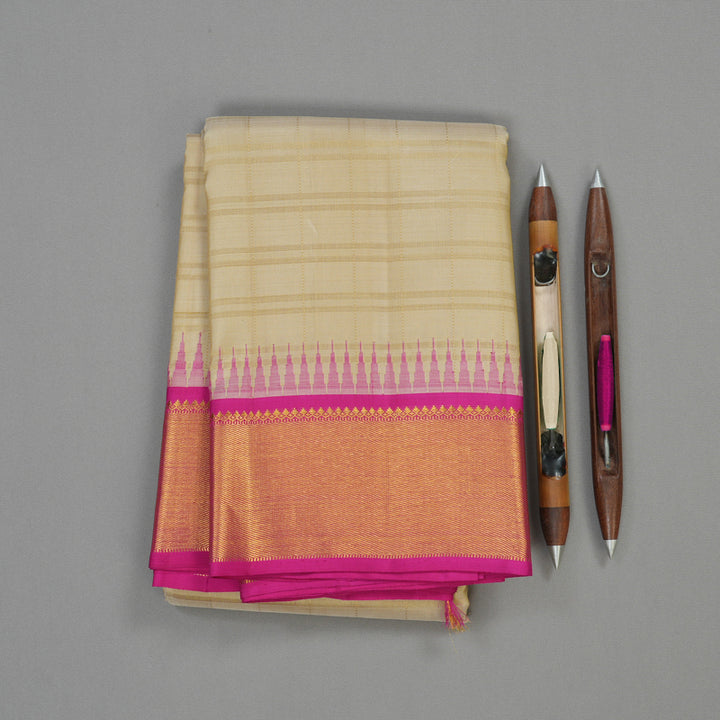 Hayagrivas Timeless Traditional Handloom Silk Saree in Cream with Fuchsia Pink KBE12D4-1