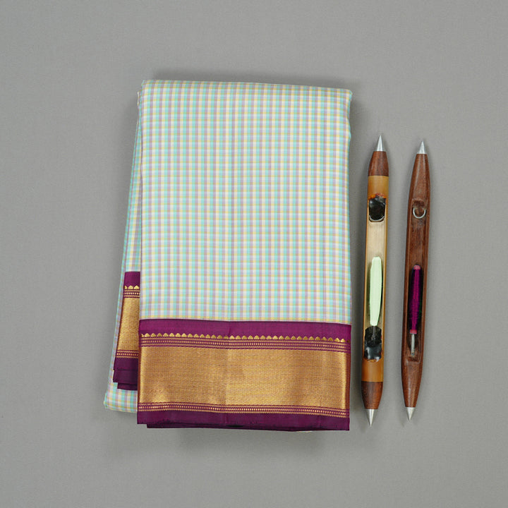 Hayagrivas Multi Colour Checks Handloom Kanjivaram Silk Saree with Dark Purple Border KBE12D6-1