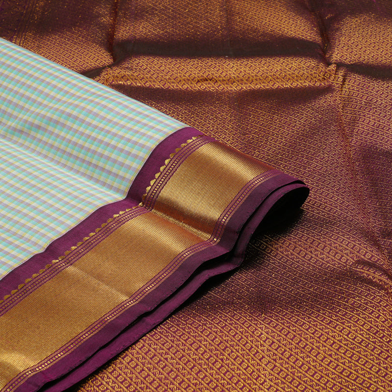 Hayagrivas Multi Colour Checks Handloom Kanjivaram Silk Saree with Dark Purple Border KBE12D6-1