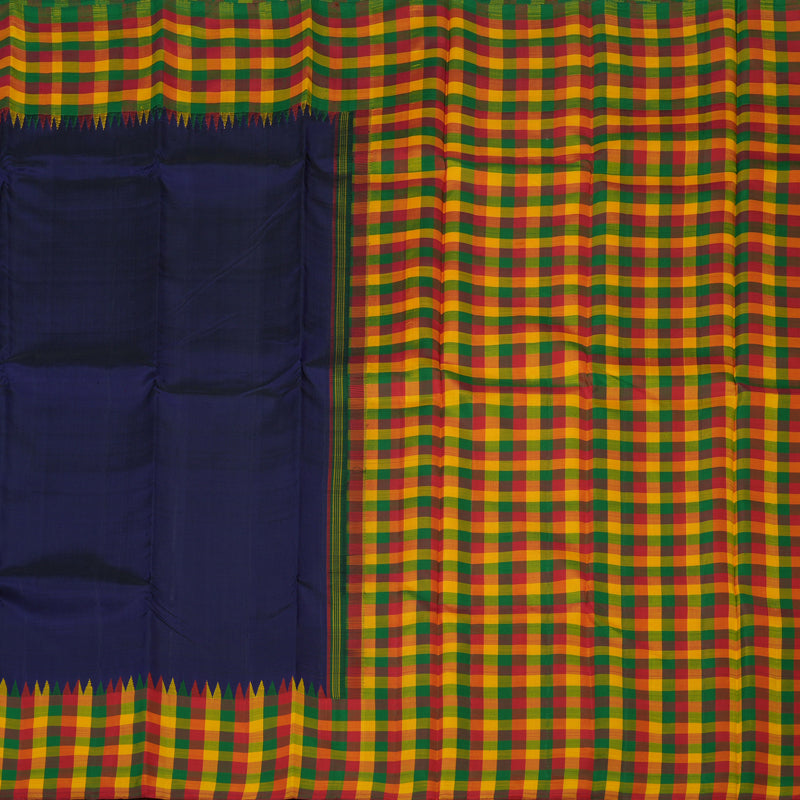 Hayagrivas Handloom Navy Blue Kanjivaram Silk Saree with Multicolour Checks border KBE1300J1-1