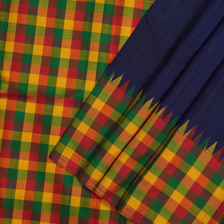 Hayagrivas Handloom Navy Blue Kanjivaram Silk Saree with Multicolour Checks border KBE1300J1-1
