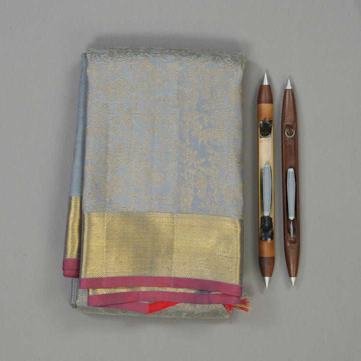 Hayagrivas Handloom Silver Grey Kanjivaram Silk Saree KBE1302J3-1