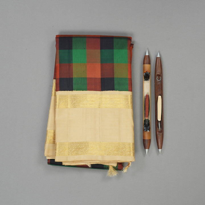 Hayagrivas Handloom Multicolour Checks Kanjivaram Silk Saree with Sandal Border KBE1304J6-1