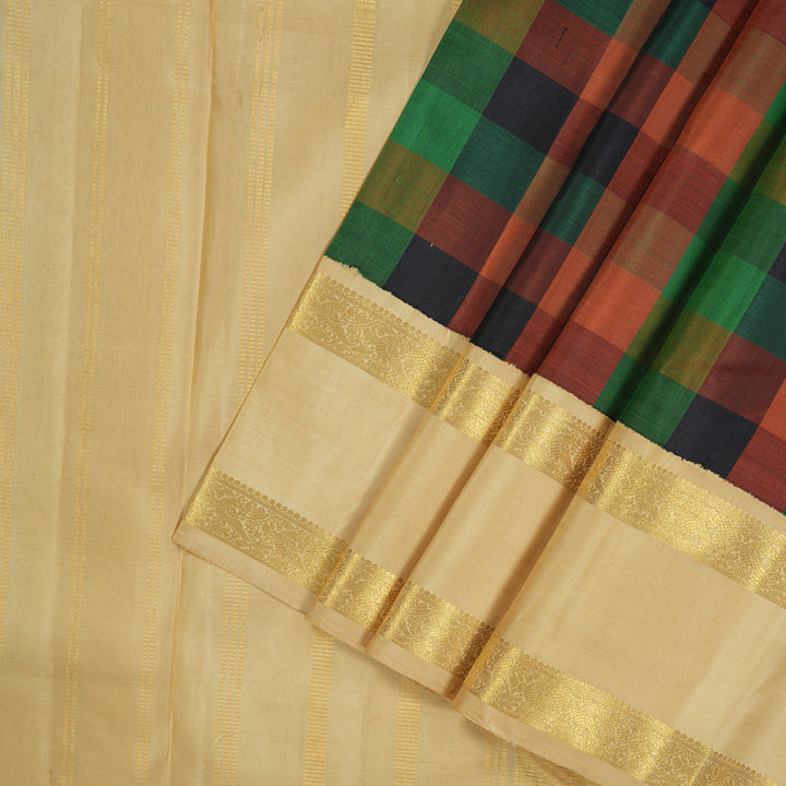 Hayagrivas Handloom Multicolour Checks Kanjivaram Silk Saree with Sandal Border KBE1304J6-1