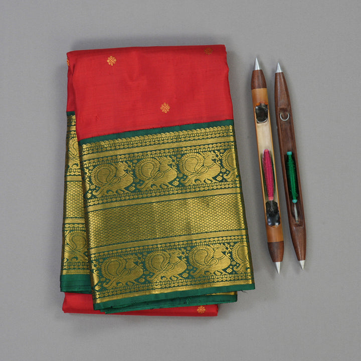 Hayagrivas Handloom Red Kanjivaram Silk Saree with Bottle Green Border KBE1304J7-1