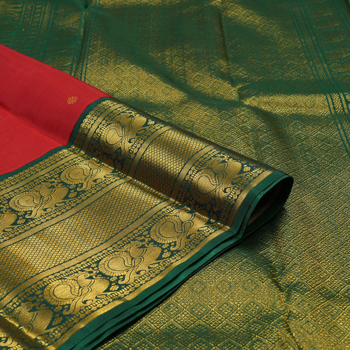 Hayagrivas Handloom Red Kanjivaram Silk Saree with Bottle Green Border KBE1304J7-1