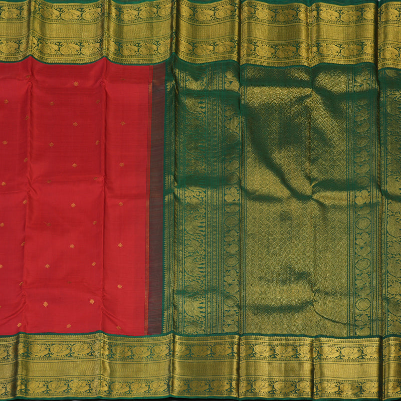 Hayagrivas Handloom Red Kanjivaram Silk Saree with Bottle Green Border KBE1304J7-1