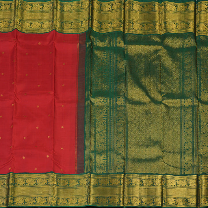 Hayagrivas Handloom Red Kanjivaram Silk Saree with Bottle Green Border KBE1304J7-1
