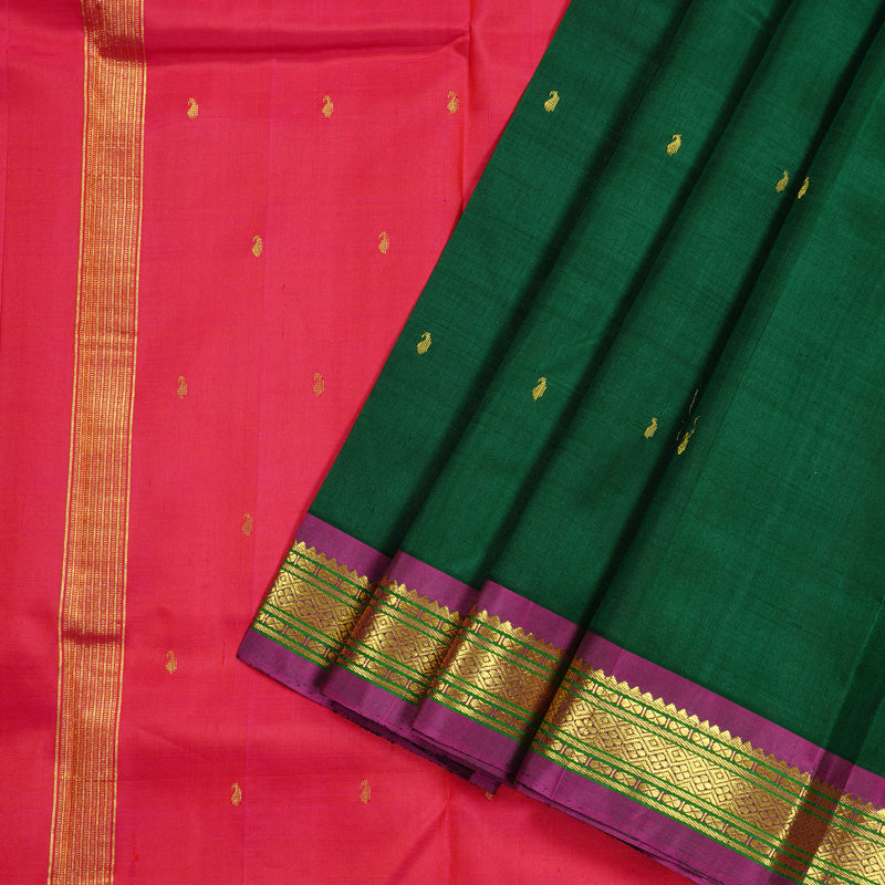 Hayagrivas Bottle Green Handloom Kanjivaram Silk Saree with Purple Border KBE130D1-10
