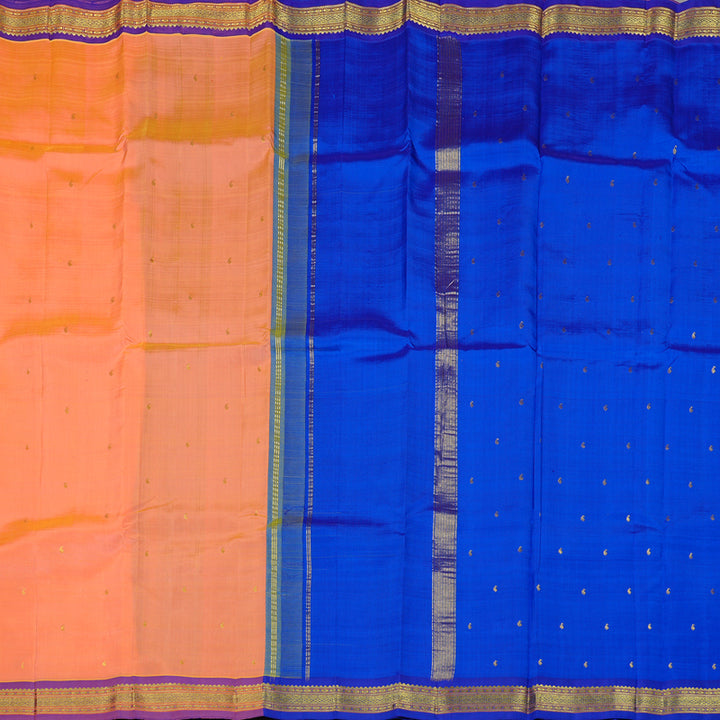 Hayagrivas Dual Tone (Peach Pink With Yellow) Handloom Kanjivaram Silk Saree with Purple Border KBE130D1-11