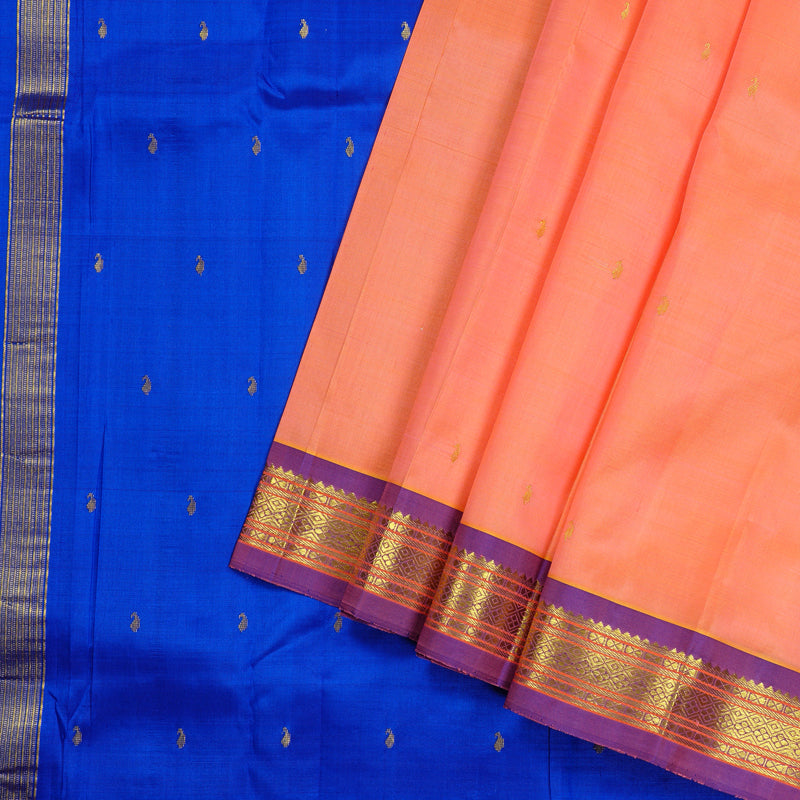 Hayagrivas Dual Tone (Peach Pink With Yellow) Handloom Kanjivaram Silk Saree with Purple Border KBE130D1-11