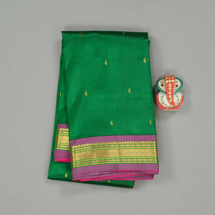 Hayagrivas Dark Green Handloom Kanjivaram Silk Saree with Purple Border KBE130D1-7