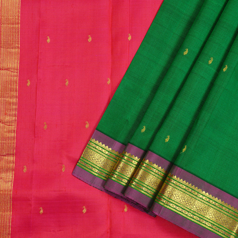 Hayagrivas Dark Green Handloom Kanjivaram Silk Saree with Purple Border KBE130D1-7