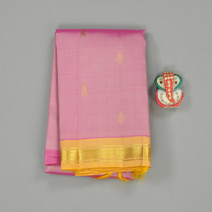 Hayagrivas Baby Pink Handloom Kanjivaram Silk Saree with Mustard Yellow Border KBE131D1-3