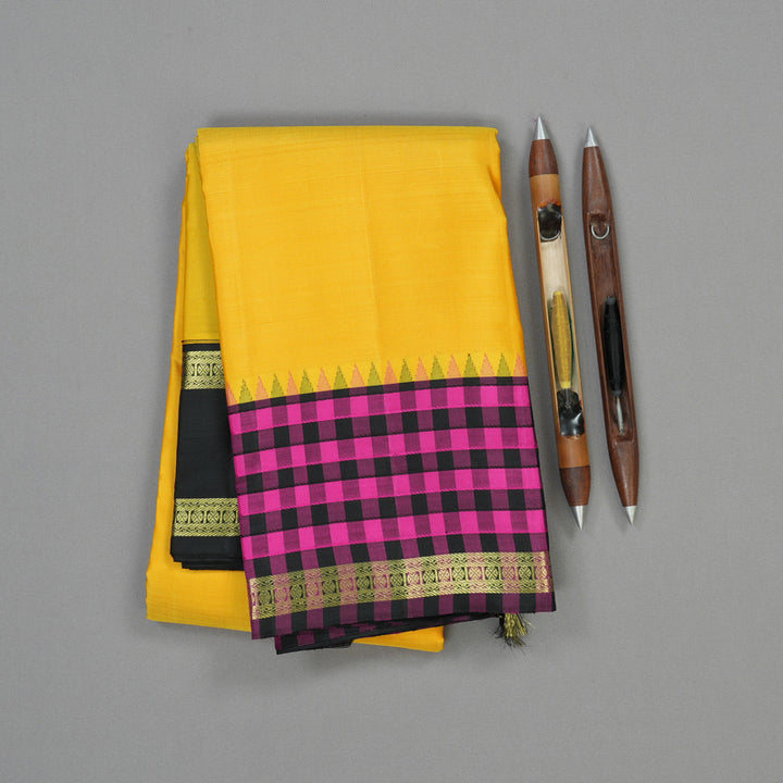 Hayagrivas Handloom Yellow Kanjivaram Silk Saree with Black & Pink Checks Border KBE1320J2-2
