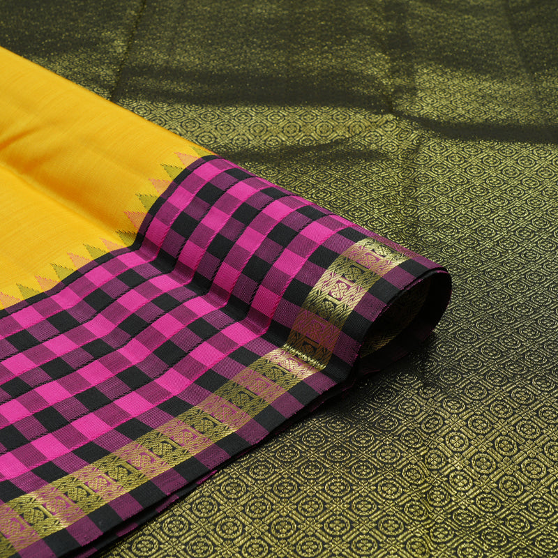 Hayagrivas Handloom Yellow Kanjivaram Silk Saree with Black & Pink Checks Border KBE1320J2-2