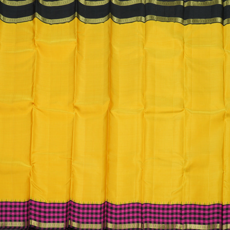Hayagrivas Handloom Yellow Kanjivaram Silk Saree with Black & Pink Checks Border KBE1320J2-2