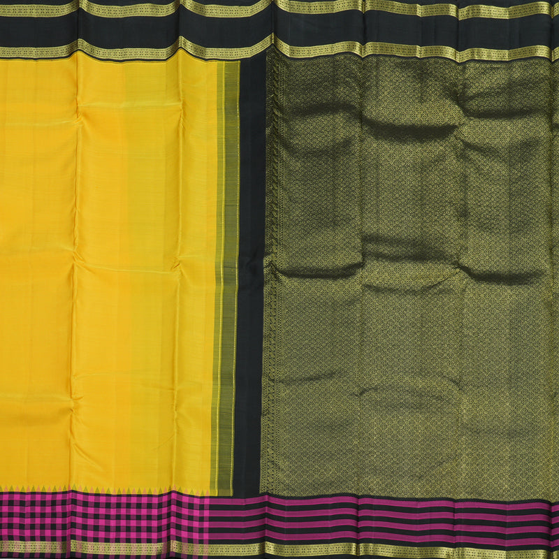 Hayagrivas Handloom Yellow Kanjivaram Silk Saree with Black & Pink Checks Border KBE1320J2-2