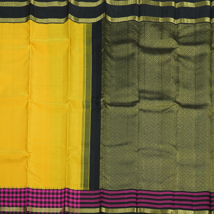 Hayagrivas Handloom Yellow Kanjivaram Silk Saree with Black & Pink Checks Border KBE1320J2-2