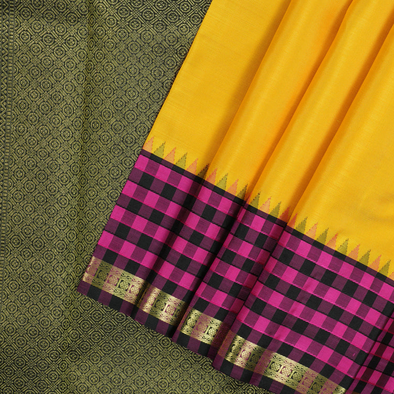 Hayagrivas Handloom Yellow Kanjivaram Silk Saree with Black & Pink Checks Border KBE1320J2-2