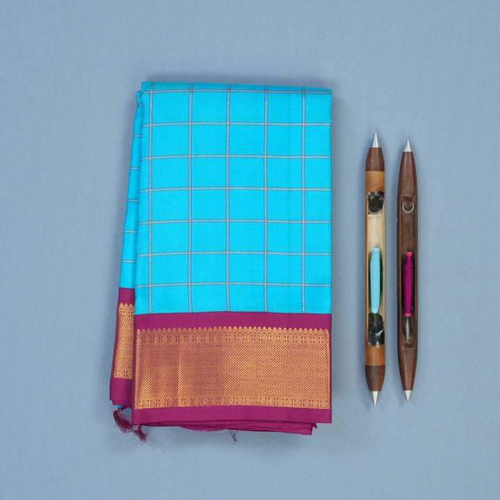 Hayagrivas Handloom Sky Blue Kanjivaram Silk Saree with Magenta Border KBE1327J8-1