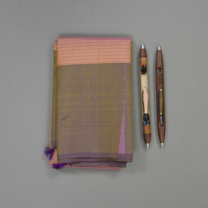 Hayagrivas Handloom Mild Peach Kanjivaram Silk Saree with Dual Tone (Purple & Green) Border KBE1328J2-2