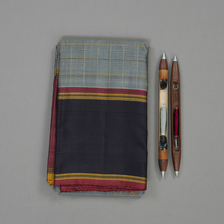 Hayagrivas Handloom Silver Grey Kanjivaram Silk Saree with Ganga Jamuna border KBE1333J11-1