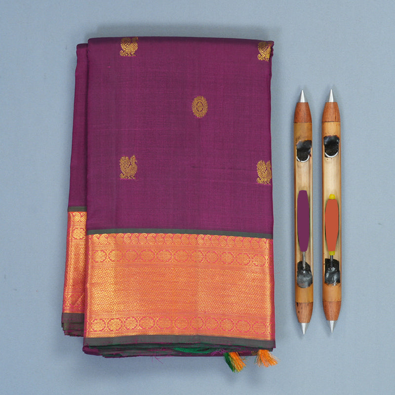 Hayagrivas Handloom Purple Kanjivaram Silk Saree with Orangish-Pink Border KBE1333J4-1